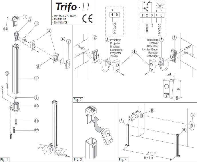 sơ đồ lắp đặt cảm biến an toàn cổng tự động italia fadini trifo 11