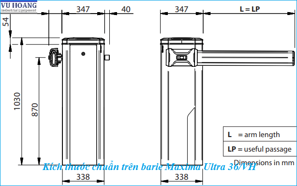 Kích thước chuẩn trên cổng Barrier Tự Động Maxima Ultra 36